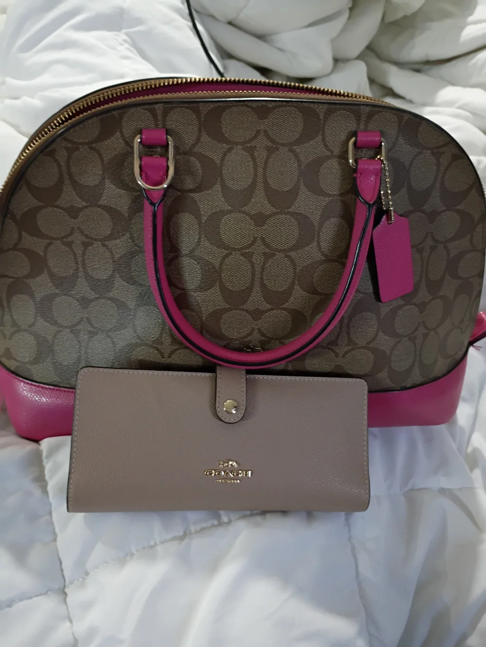 Coach Brown Signature Satchel with Pink Trim